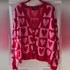 33 Degrees Heart Checkered Cardigan XL — Pink Red Valentine's Day Sweater Heart